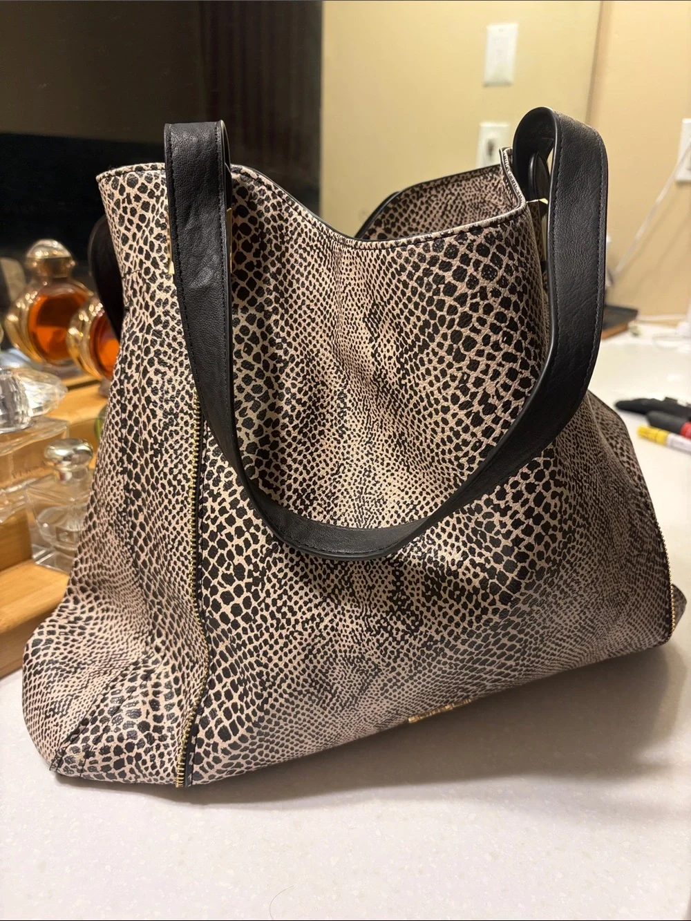 Jessica Simpson Black and Beige Animal-Print Satchel